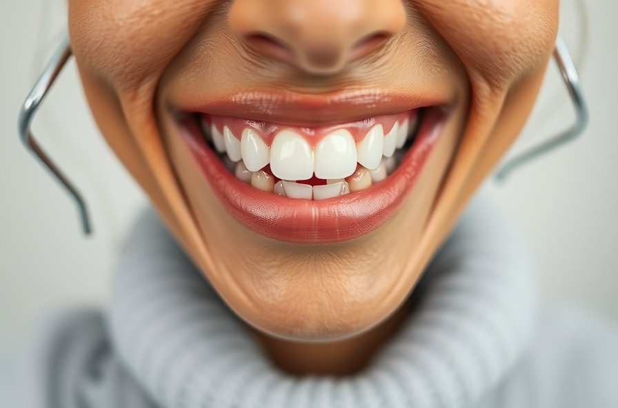 a woman smiles with healthy gums after successful periodontitis recovery and dental care