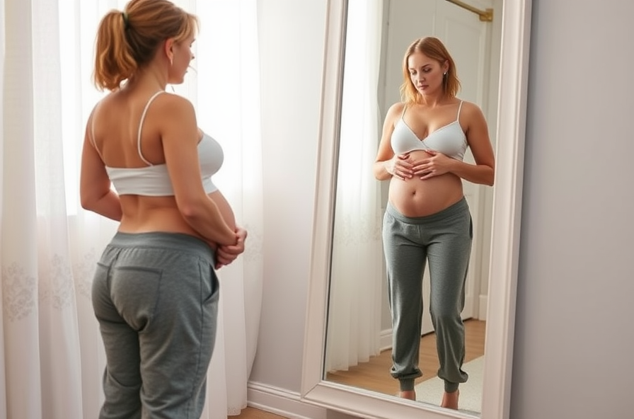 a tired new mother in sweatpants stands in front of a mirror looking at her postpartum body fitness