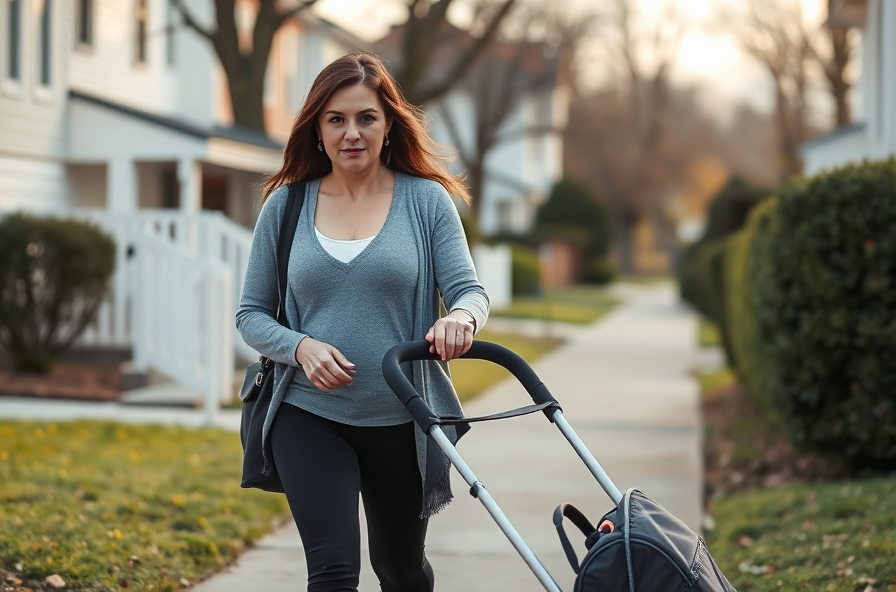 a woman gently pushing a stroller while walking in her neighborhood during early postpartum exercise recovery