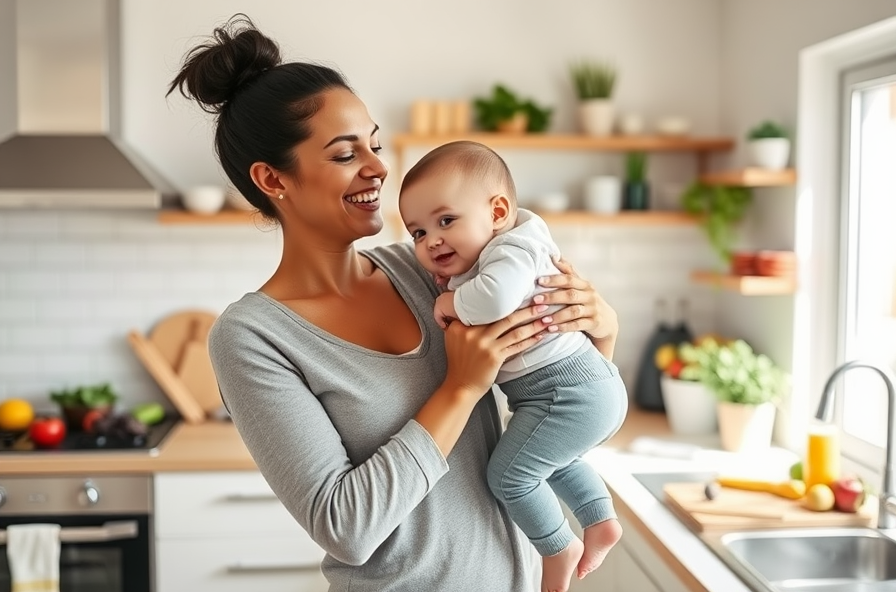 a smiling mother lifting her baby in a bright kitchen filled with healthy food and balanced lifestyle choices