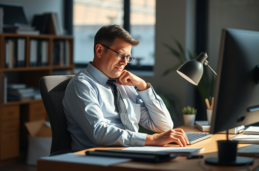 tired office worker slouching at desk in afternoon light showing midday energy slump fatigue