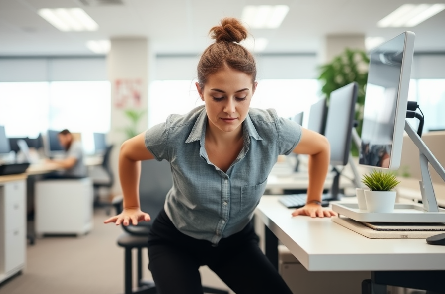 woman doing desk pushups during a lunch break as part of an office fitness workout routine