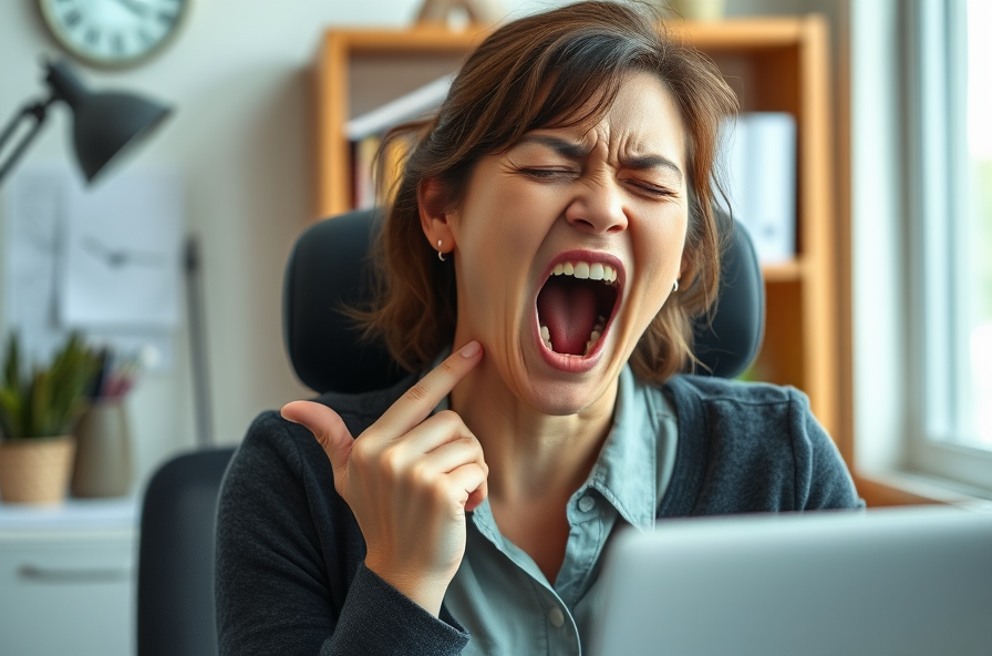 a woman yawning at her desk holds her jaw in pain showing signs of jaw clicking disorder