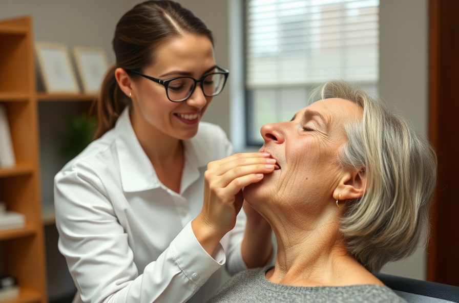 a physical therapist guides a patient through gentle jaw stretches for tmj therapy support