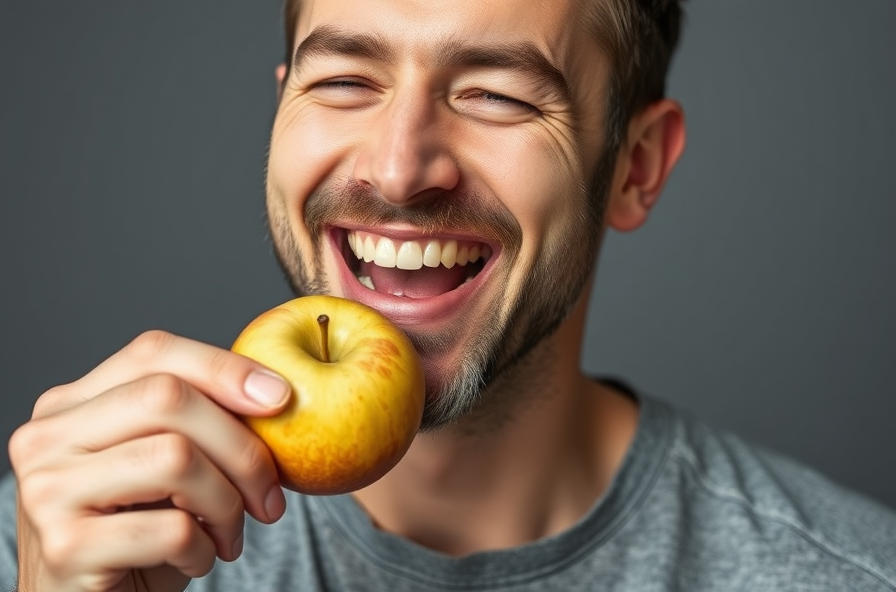 a smiling man eats an apple confidently after tmj treatment showing recovery from jaw pain