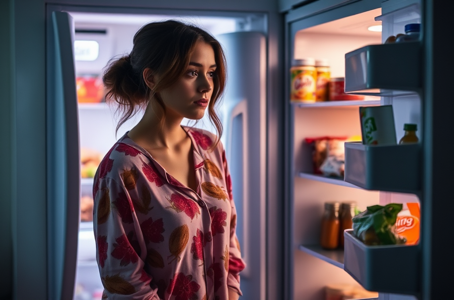a woman in pajamas stares into an open fridge late at night with tired eyes craving snacks