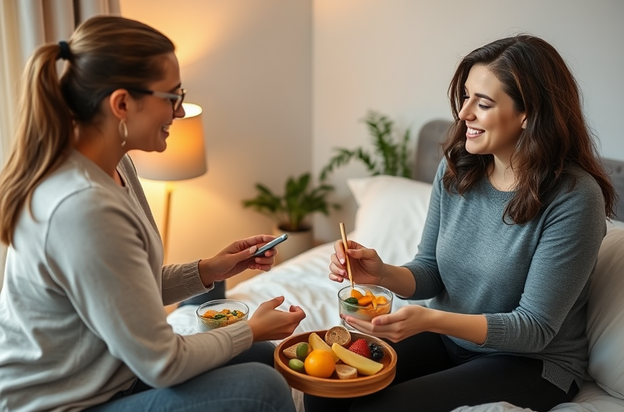 a nutritionist discusses healthy bedtime snacks with a client during a diet coaching session