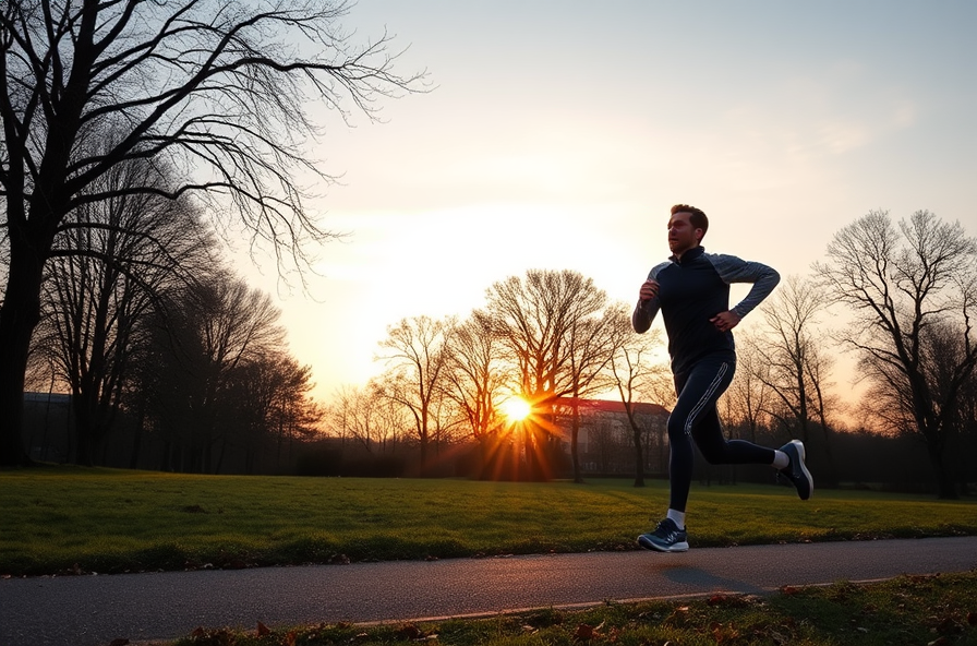man jogging in park at sunrise as part of his daily cardio routine for belly fat reduction