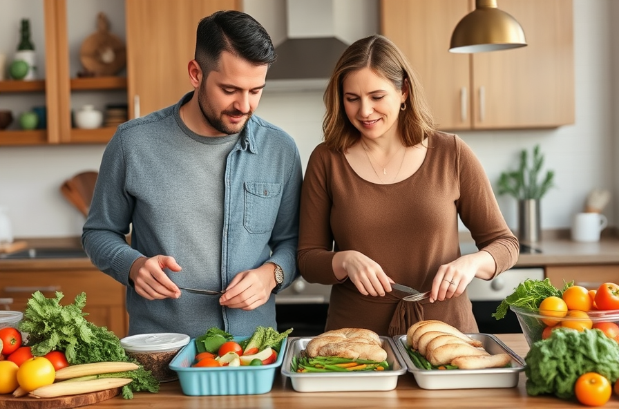 middle aged couple meal prepping with vegetables and chicken after starting flat belly meal plan