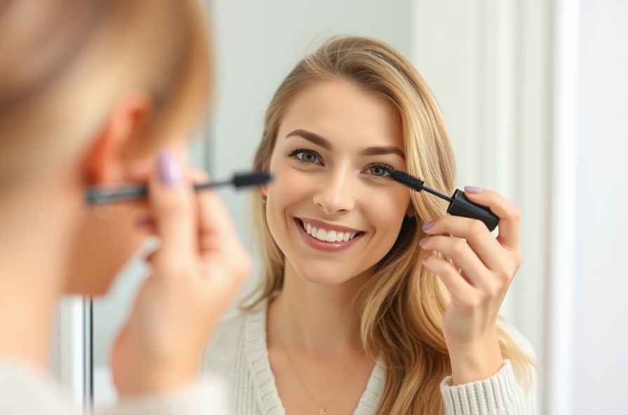 a smiling young woman applies mascara in the mirror after fully recovering from conjunctivitis