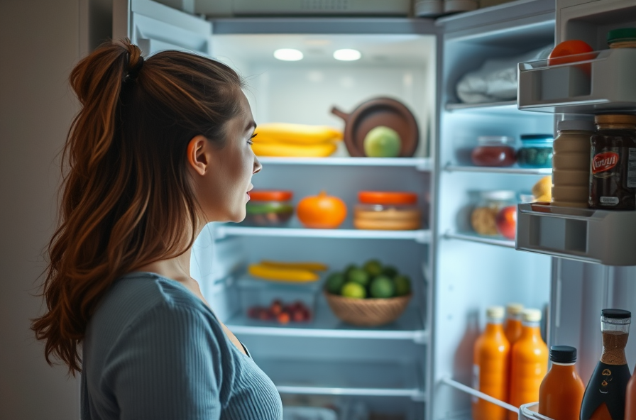 a woman stares at an open fridge looking unsure about low carb vs low fat diet choices