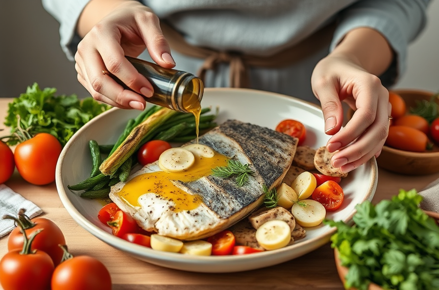 a person prepares a mediterranean diet meal with fish olive oil and fresh vegetables for weight loss