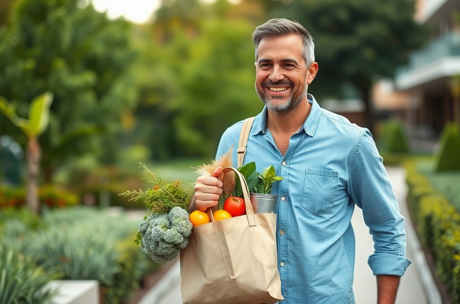 a smiling man walks outdoors with a grocery bag of healthy food showing a sustainable eating lifestyle