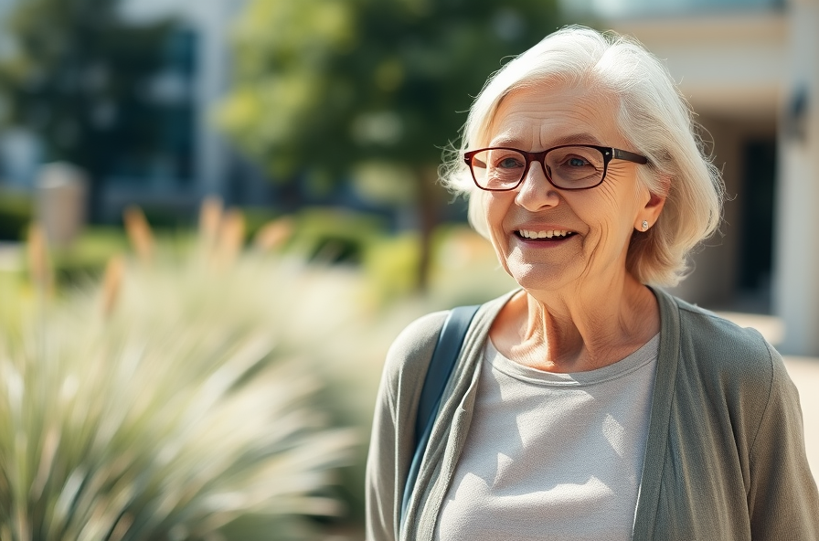 a smiling older woman walking outside comfortably on a sunny day after dry eye syndrome treatment success