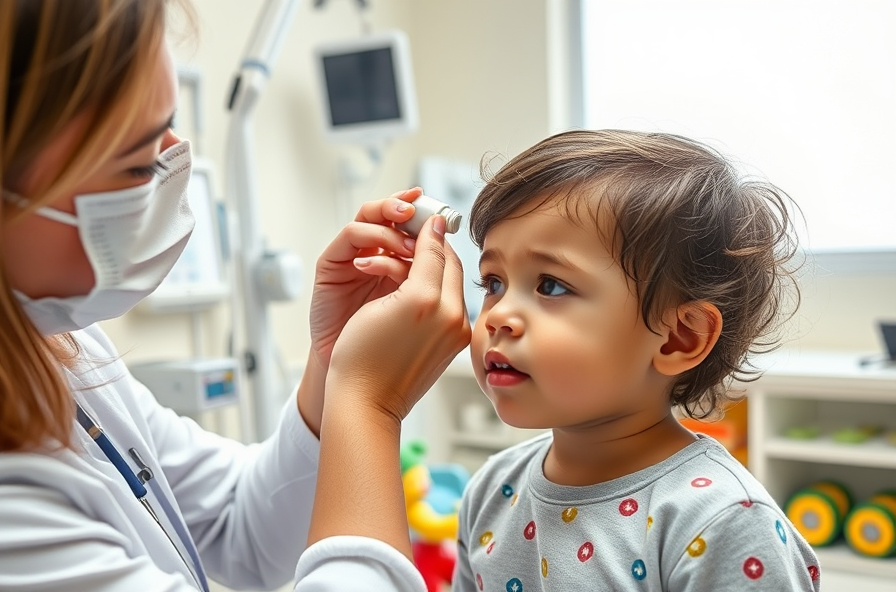 child receiving ear drops from healthcare provider