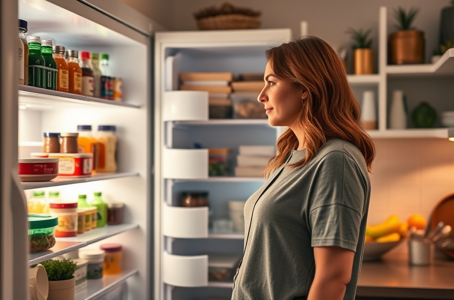 woman looks into neat fridge in cozy kitchen