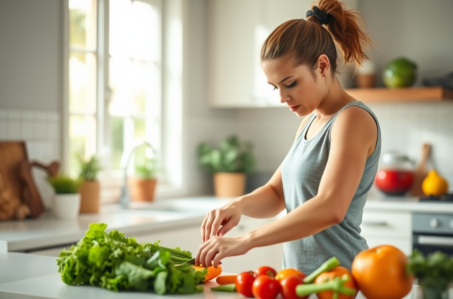 person chops vegetables under bright kitchen light