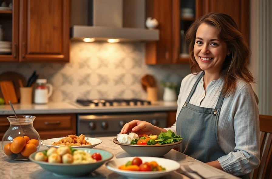 person sets colorful meal on dining table smiling