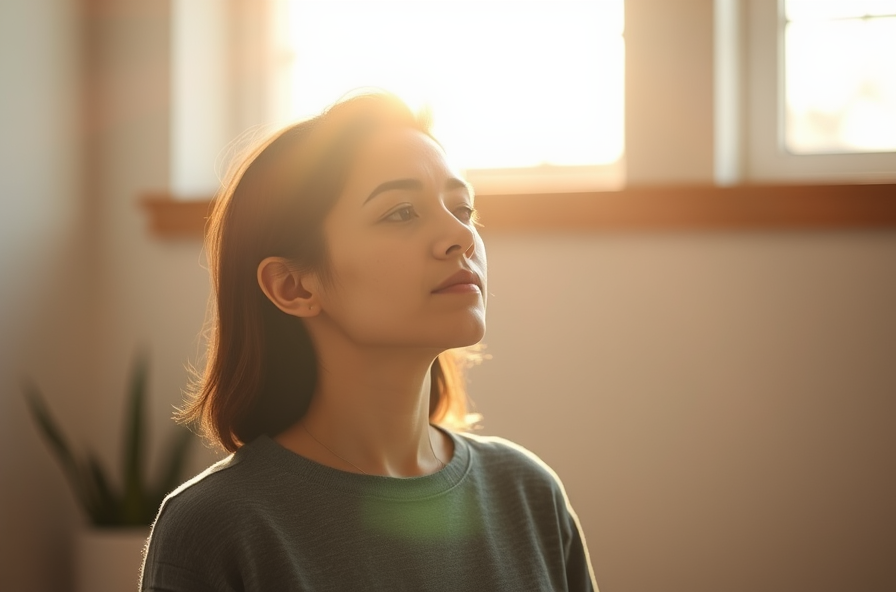 person sitting calmly doing deep breathing in sunlight