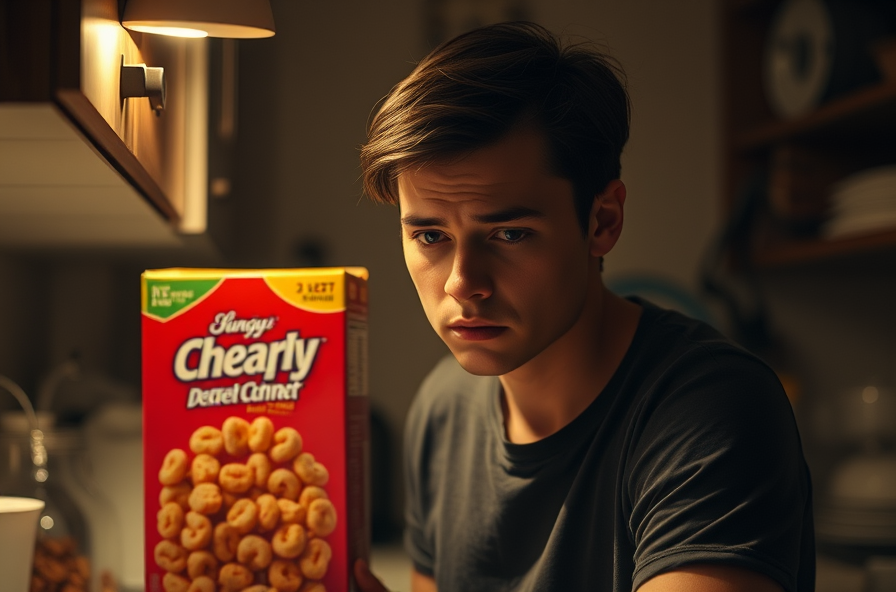 tired person staring at cereal box in dim kitchen