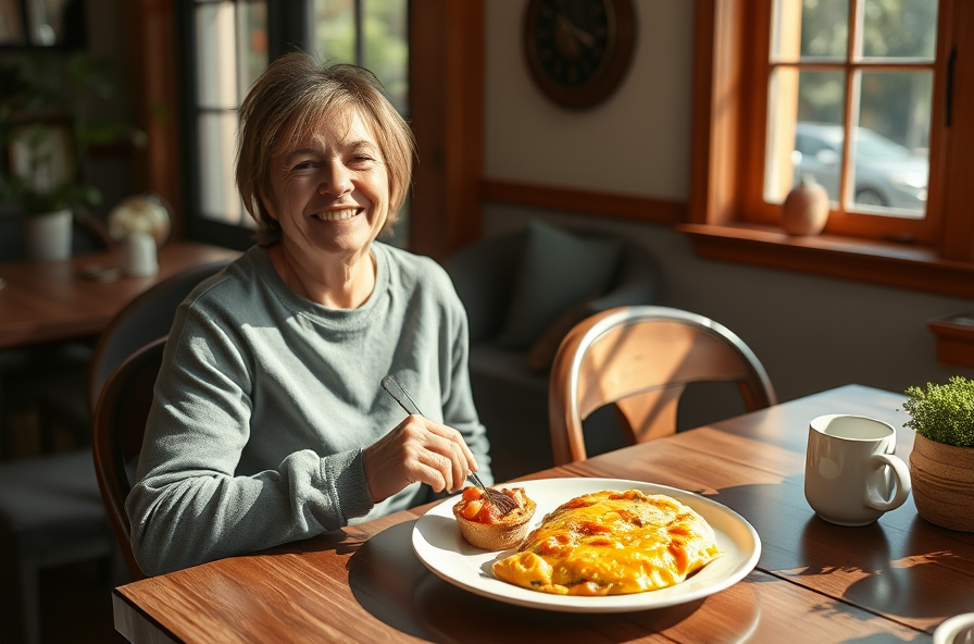 person enjoying veggie omelet in sunny dining area