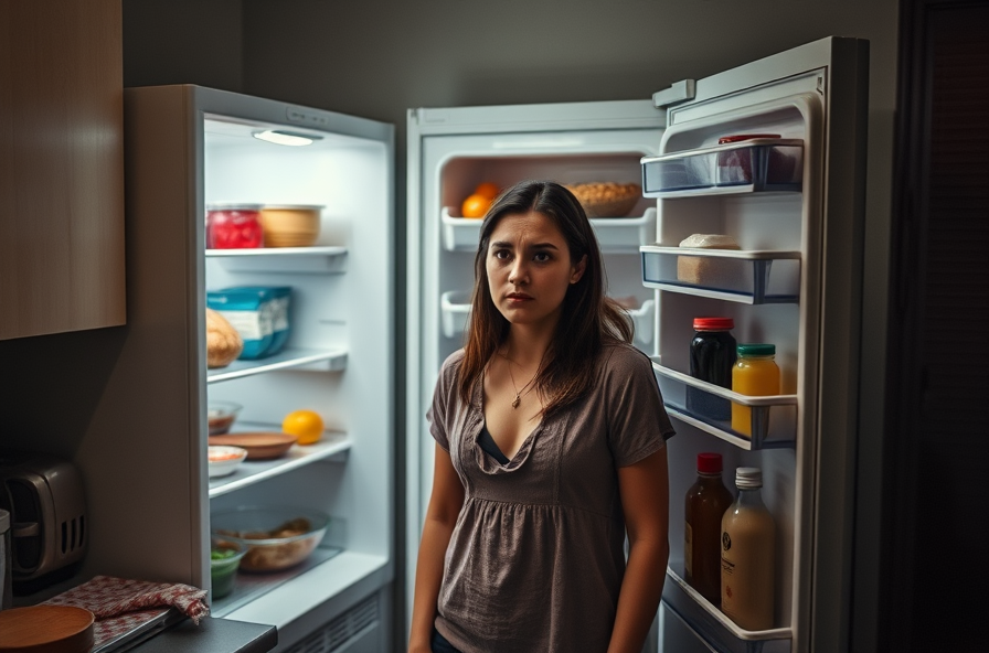 woman stares into fridge looking confused and frustrated