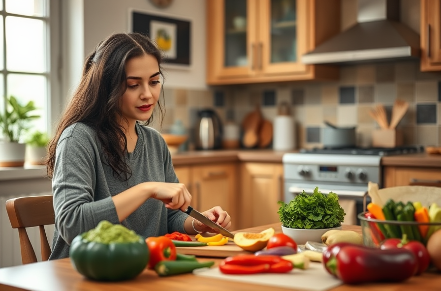 woman slices vegetables at table with focused expression