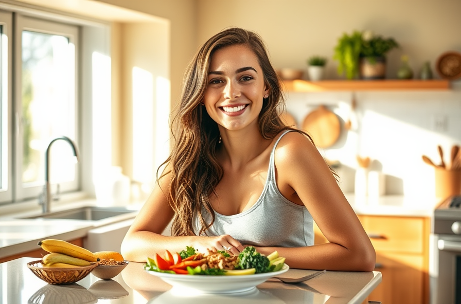 woman smiles leaning on counter with healthy plated meal