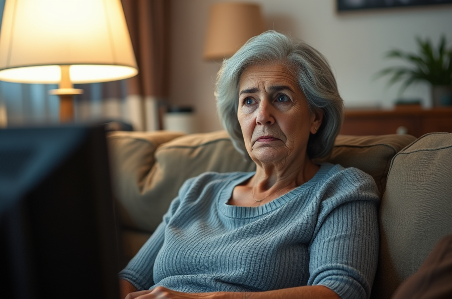 woman on couch struggling to hear tv clearly