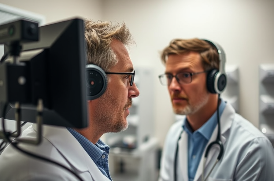 man wearing headphones takes hearing test in clinic