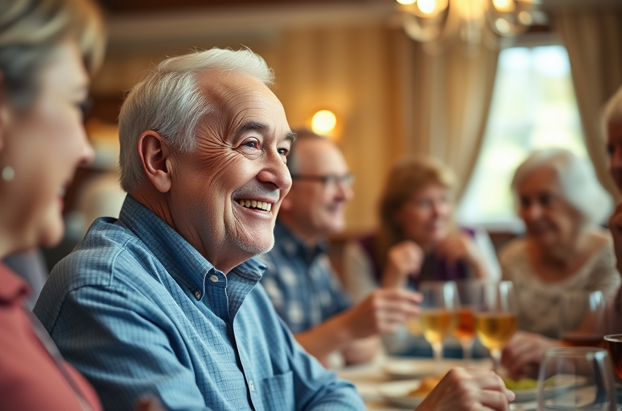 elderly man smiling at family event with hearing aids