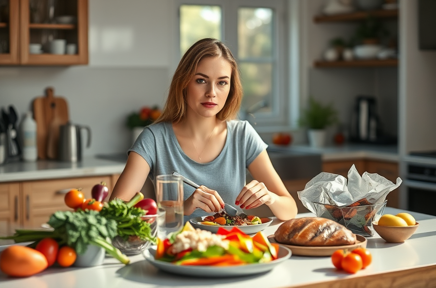 woman prepares healthy meal in bright kitchen