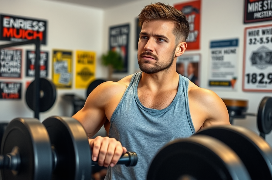 man lifts weights in home gym with focused posture