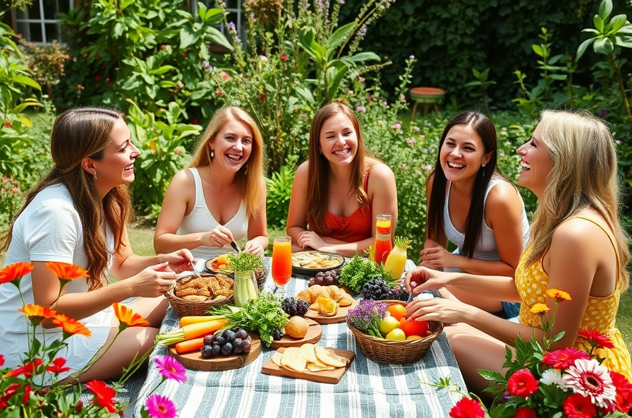 friends enjoy healthy picnic in colorful garden