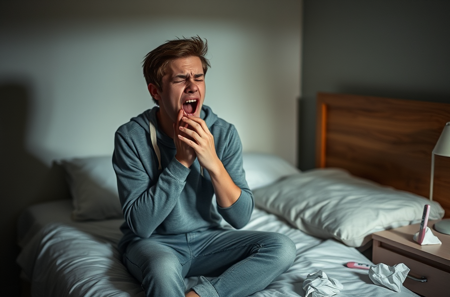 young adult with sore throat sits on bed in low light
