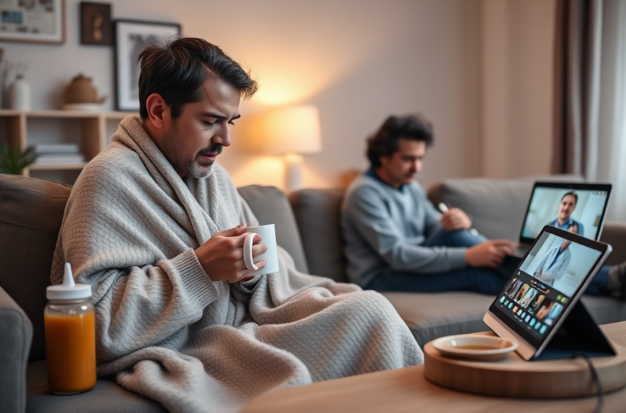 person drinks tea with blanket while talking to doctor online
