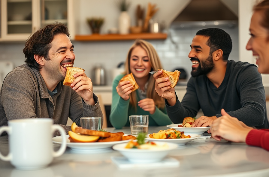 recovered person eats toast with friends at kitchen table