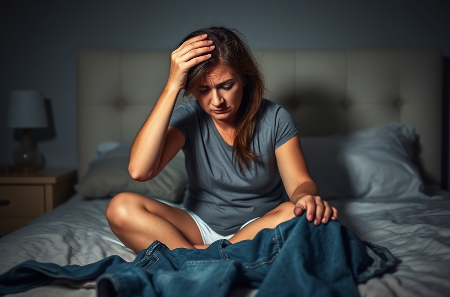 woman sits on bed holding sweaty forehead at night
