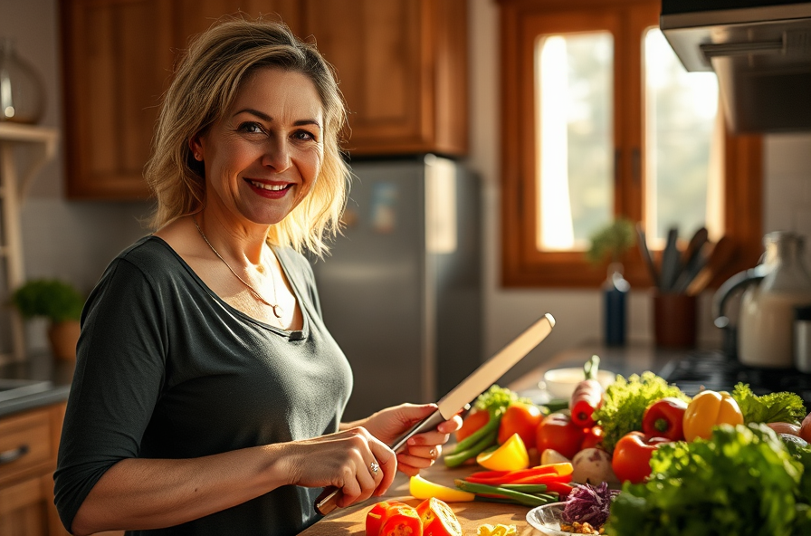 woman chops vegetables in sunlit kitchen smiling slightly