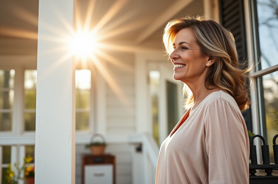 woman stands on porch smiling in morning sunlight