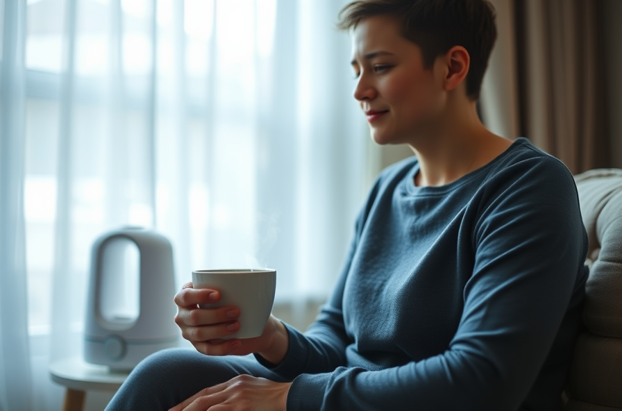 person holding tea with humidifier in relaxing setting