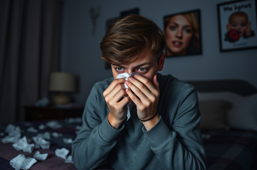 young adult with red eyes holds nose in dim bedroom
