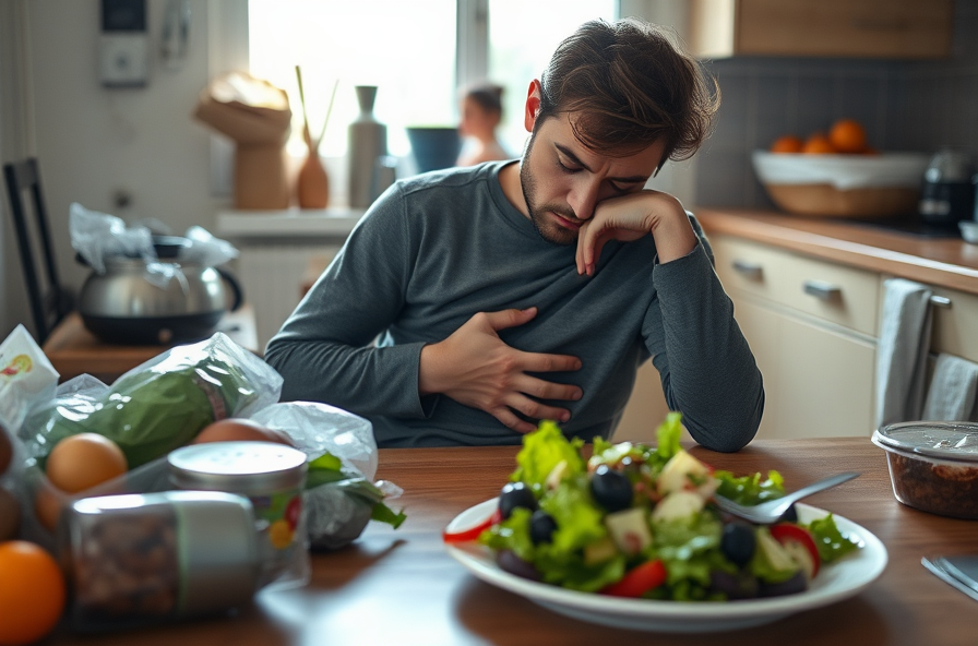 tired person at kitchen table holding bloated stomach