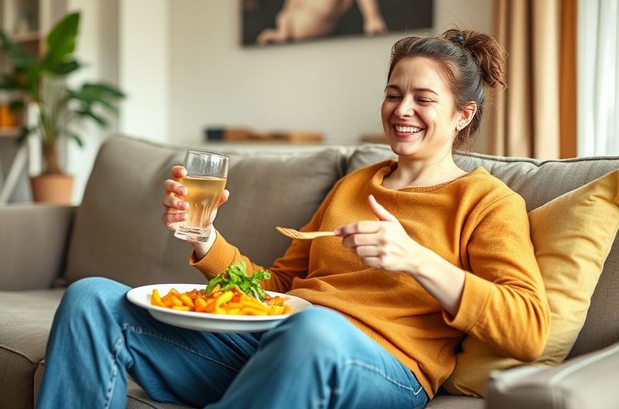 smiling person enjoying healthy meal on living room couch