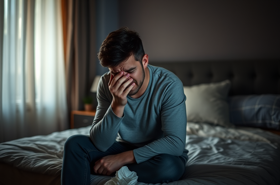 tired person holds face in pain beside used tissues