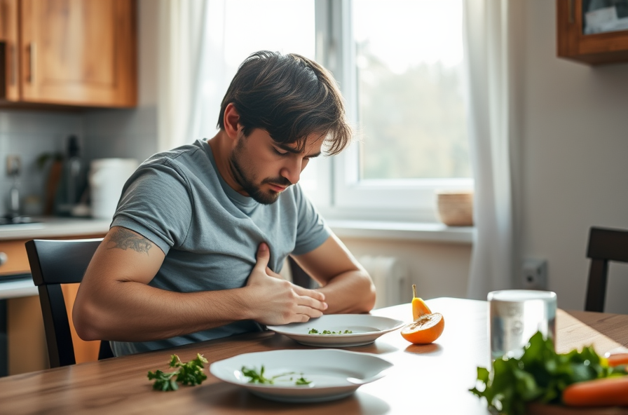 person slumped at kitchen table pushing away food