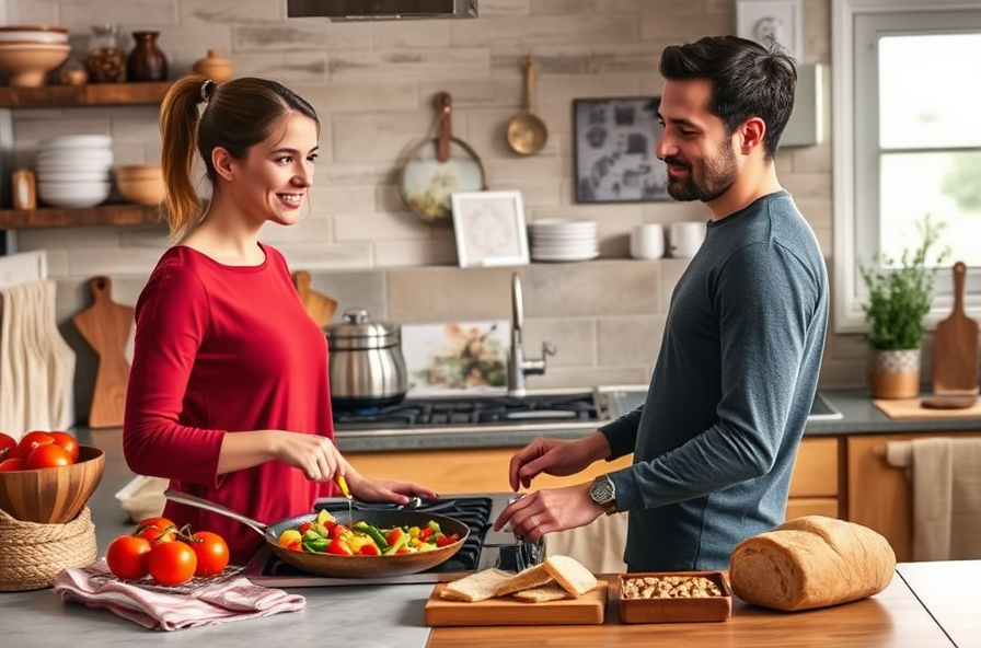 person cooking mediterranean meal in warm kitchen light