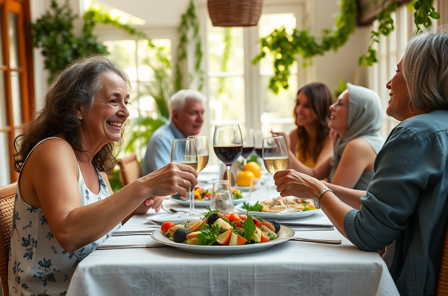 person smiling and sharing food with friends at table