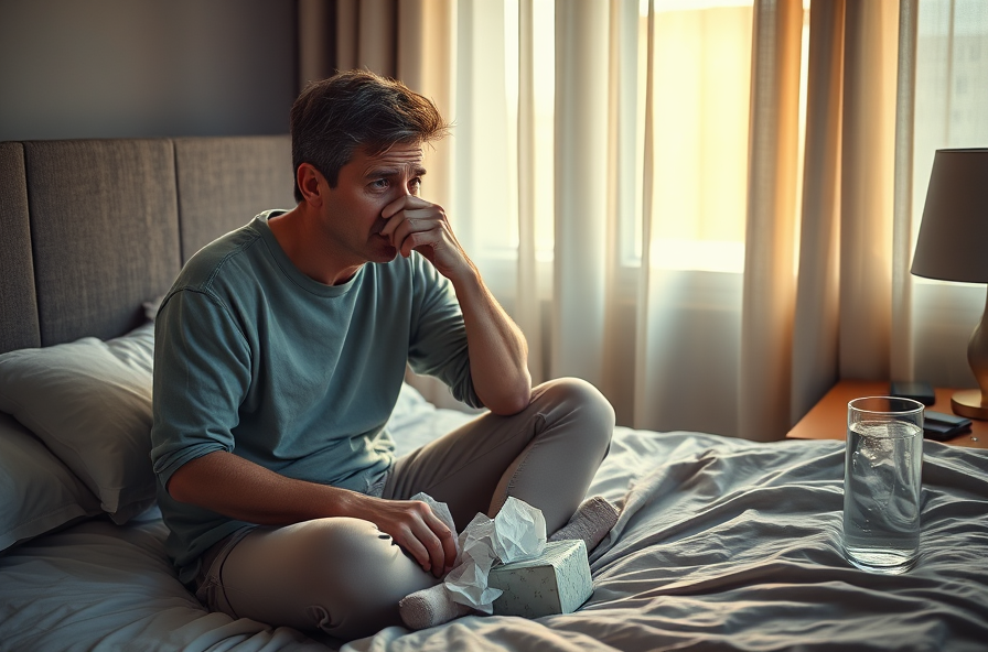 tired adult holding nose with tissues on bed at sunrise