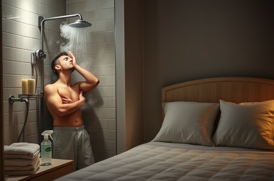 person in steamy bathroom relaxing under warm shower